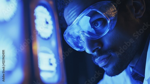 Wallpaper Mural A medium closeup of a scientist in a lab coat peering intently through safety goggles at a digital display monitoring the temperature of a cryogenic chamber. The luminous screen casts Torontodigital.ca