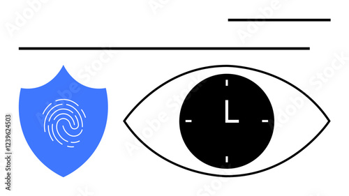 Blue shield with fingerprint, clock inside an eye with minimal black lines. Ideal for security, privacy, biometrics, time management, surveillance, cyber safety, abstract line flat metaphor