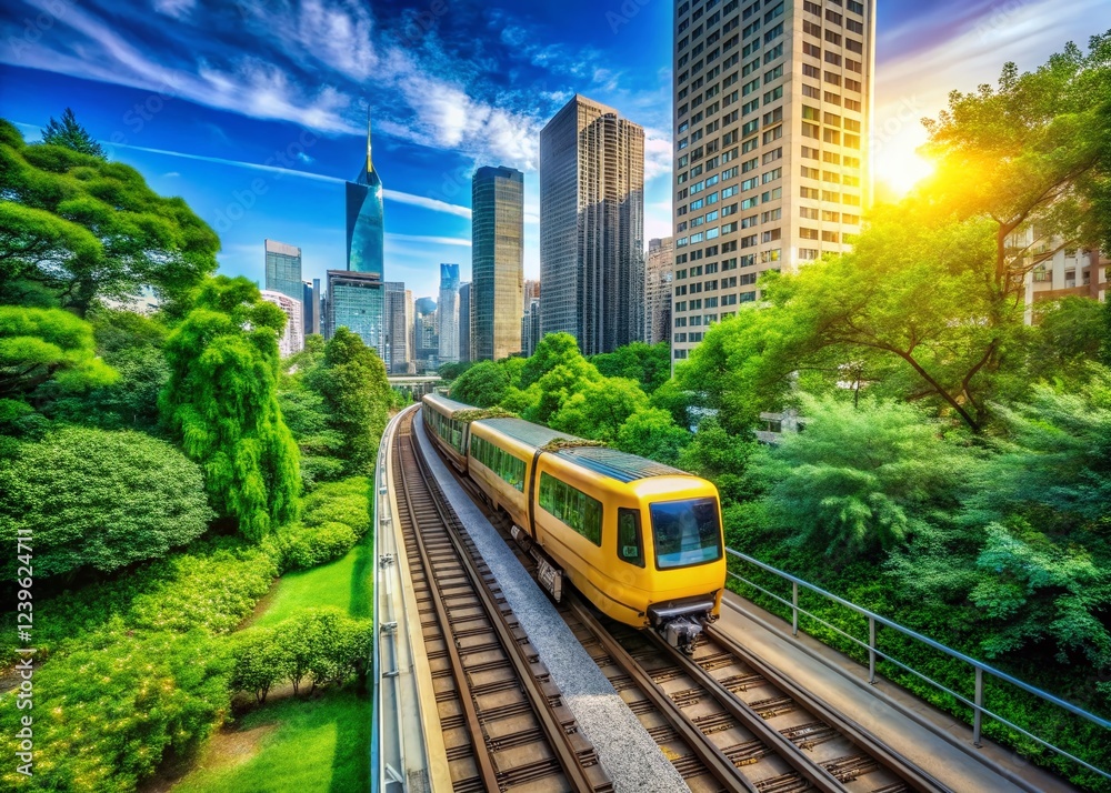 Fototapeta premium Cityscape with Train and Forest