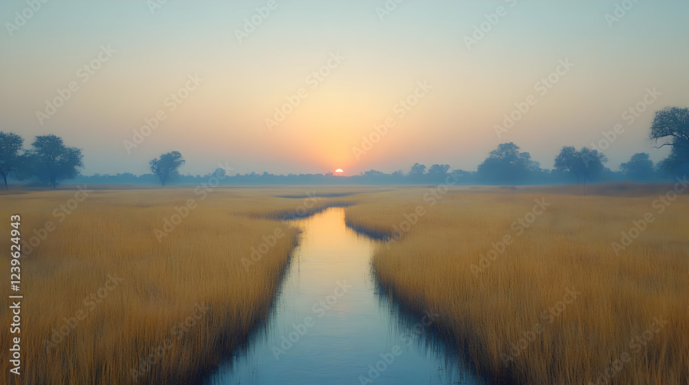 Serene Sunset Over Golden Grassland and River Serene Sunset Over Golden Grassland and River
