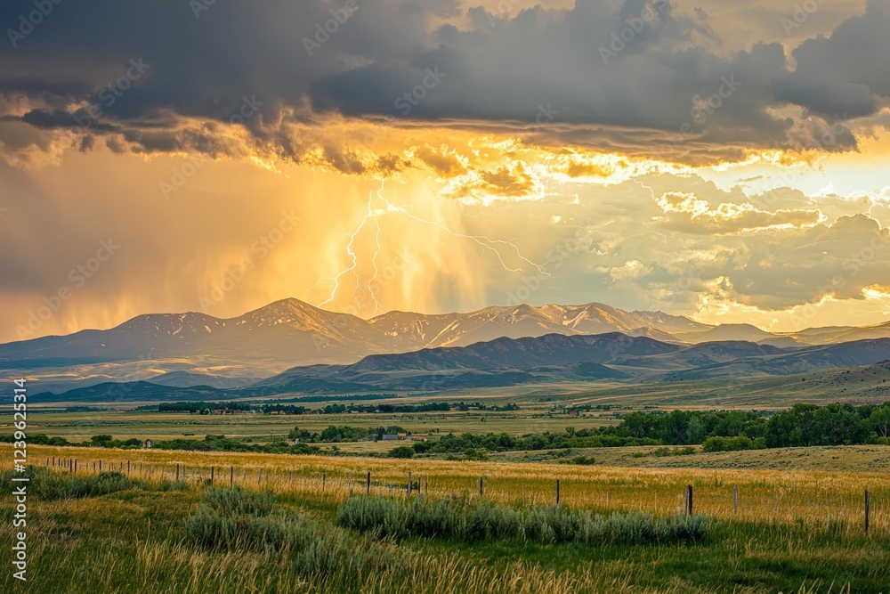Obraz premium Dramatic lightning storm over distant mountain peaks.