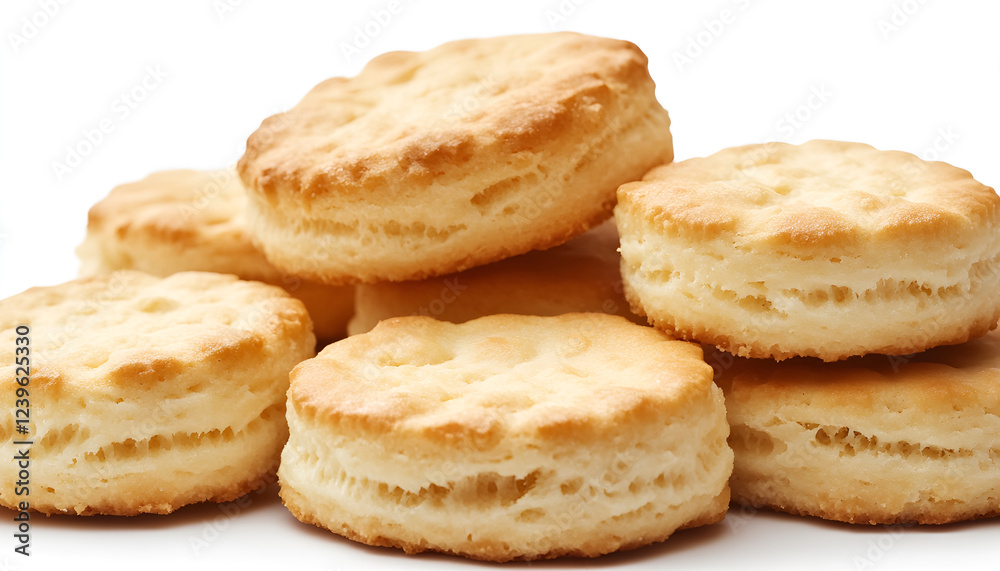 Close up on butter biscuits resting on white background, no people are visible. Close up on butter biscuits resting on white background, no people are visible.