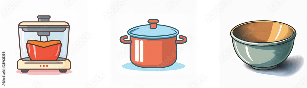 Illustration of kitchenware: a blender, a pot with a lid, and a bowl. Perfect for cooking and food preparation. Illustration of kitchenware: a blender, a pot with a lid, and a bowl. Perfect for cooking and food preparation.