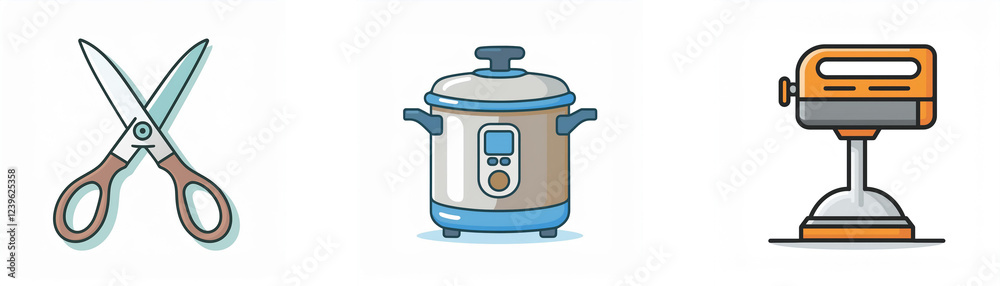 A simple illustration featuring scissors, a pressure cooker, and a hand mixer; common household items.