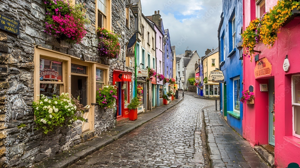 Fototapeta premium Colorful cobblestone street, shops, flowers, Ireland, tourism