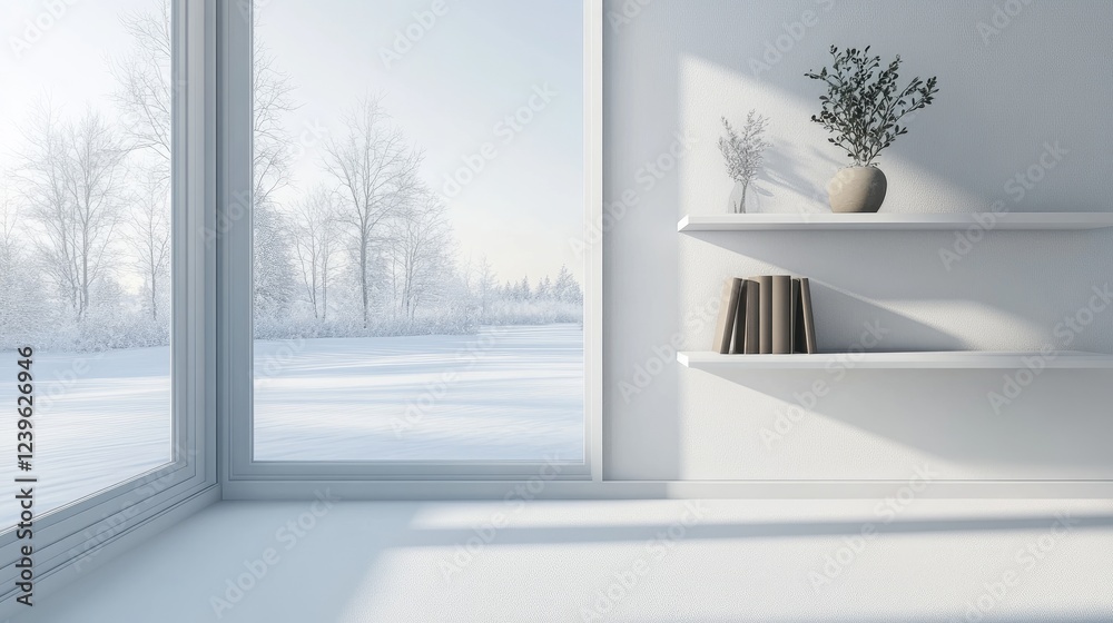 Fototapeta premium A 3D-rendered Scandinavian interior design featuring a clean, white room with a shelf, and a picturesque winter landscape visible through the window.