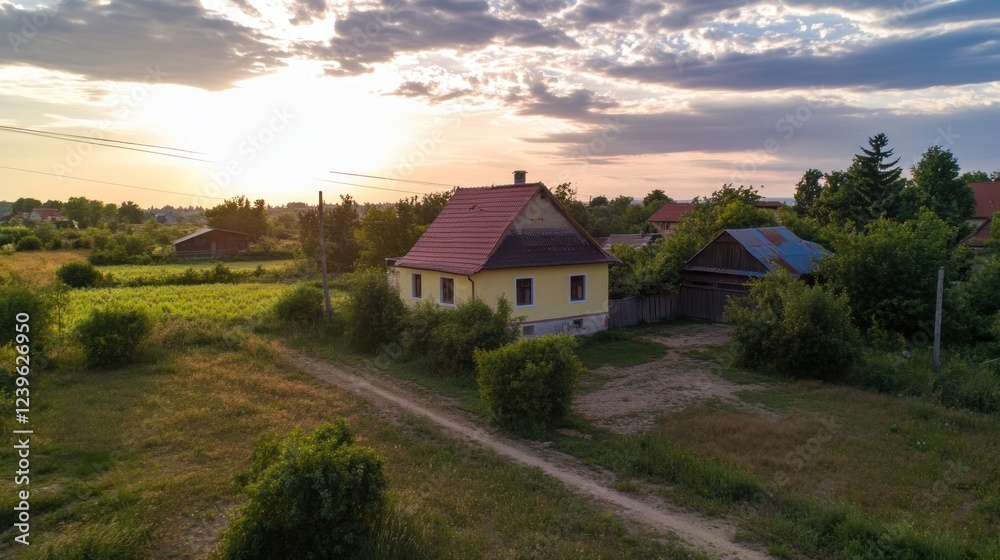 Aerial view of rural landscape with a quaint house at sunset, showcasing a tranquil scene Aerial view of rural landscape with a quaint house at sunset, showcasing a tranquil scene