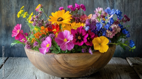 Wallpaper Mural A beautiful wooden bowl filled with an array of colorful flowers, highlighting nature vivid hues against a rustic and charming backdrop. Torontodigital.ca