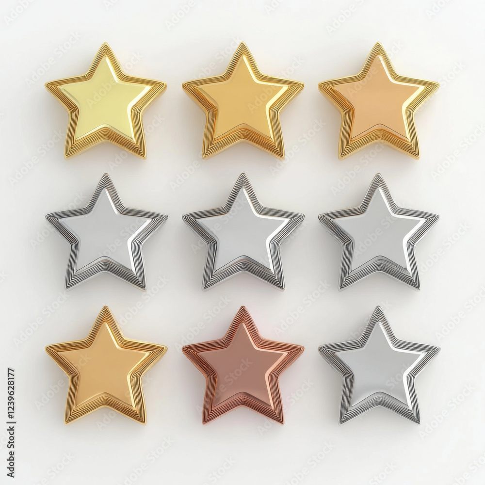 Shiny star icons in gold, silver, and bronze arranged in grid Shiny star icons in gold, silver, and bronze arranged in grid