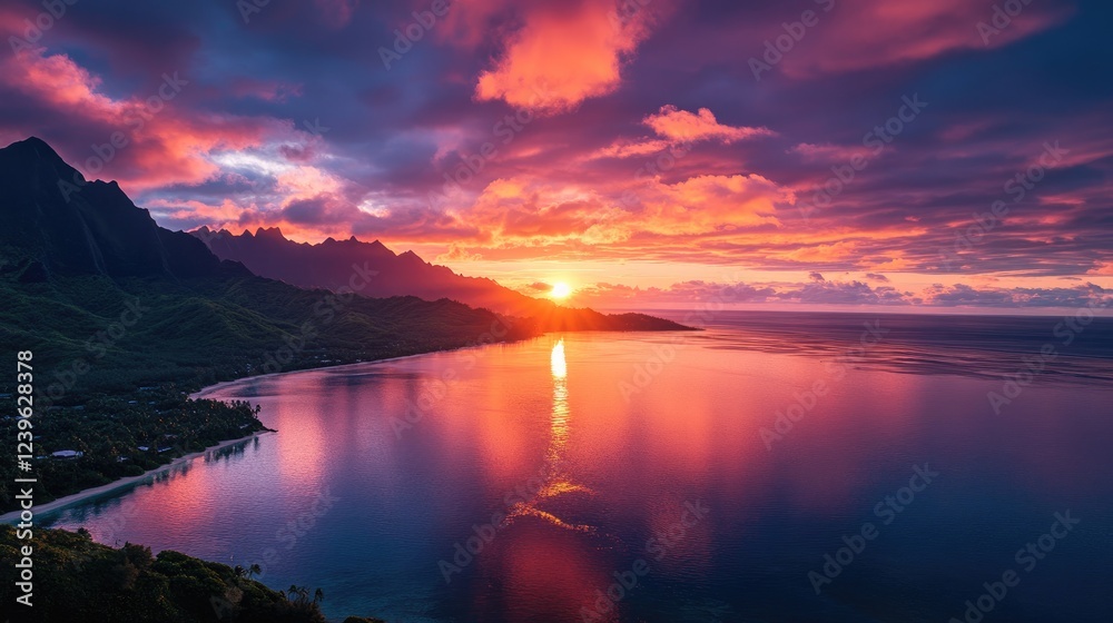 Fototapeta premium A breathtaking high-angle view captures the vibrant sunset colors reflecting over the South Pacific Ocean, casting a warm glow over the lagoon of Moorea.