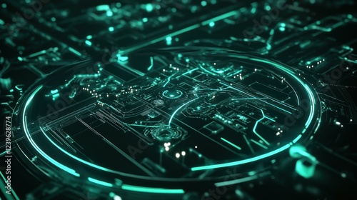Futuristic circuit board with glowing turquoise paths and intricate design elements