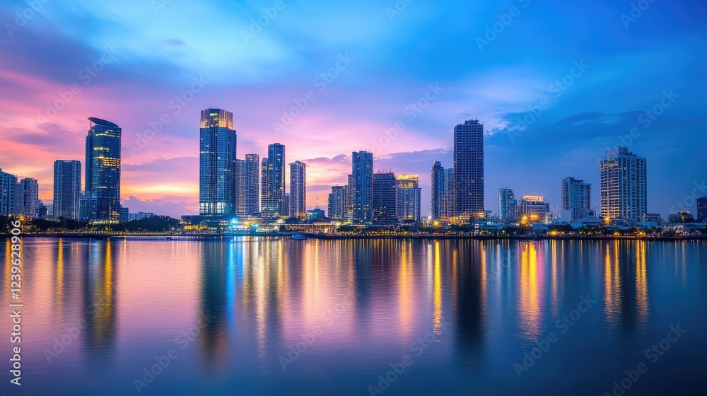 Fototapeta premium A breathtaking view of a metropolitan skyline lit up at blue hour, with vibrant city lights reflecting in a tranquil harbor, offering a peaceful yet vibrant urban scene