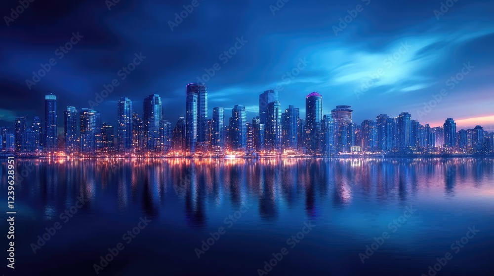 Fototapeta premium A breathtaking view of a metropolitan skyline lit up at blue hour, with vibrant city lights reflecting in a tranquil harbor, offering a peaceful yet vibrant urban scene