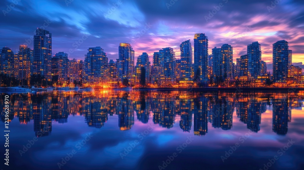 Obraz premium A breathtaking view of a metropolitan skyline lit up at blue hour, with vibrant city lights reflecting in a tranquil harbor, offering a peaceful yet vibrant urban scene