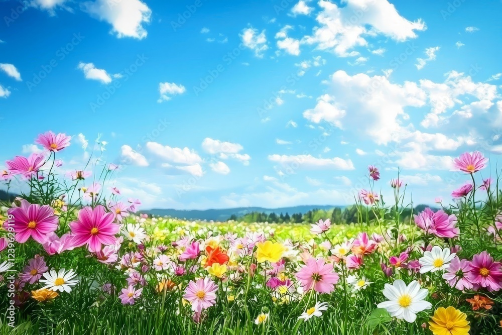 Wildflowers blooming in vibrant spring meadow under blue sky. Wildflowers blooming in vibrant spring meadow under blue sky.