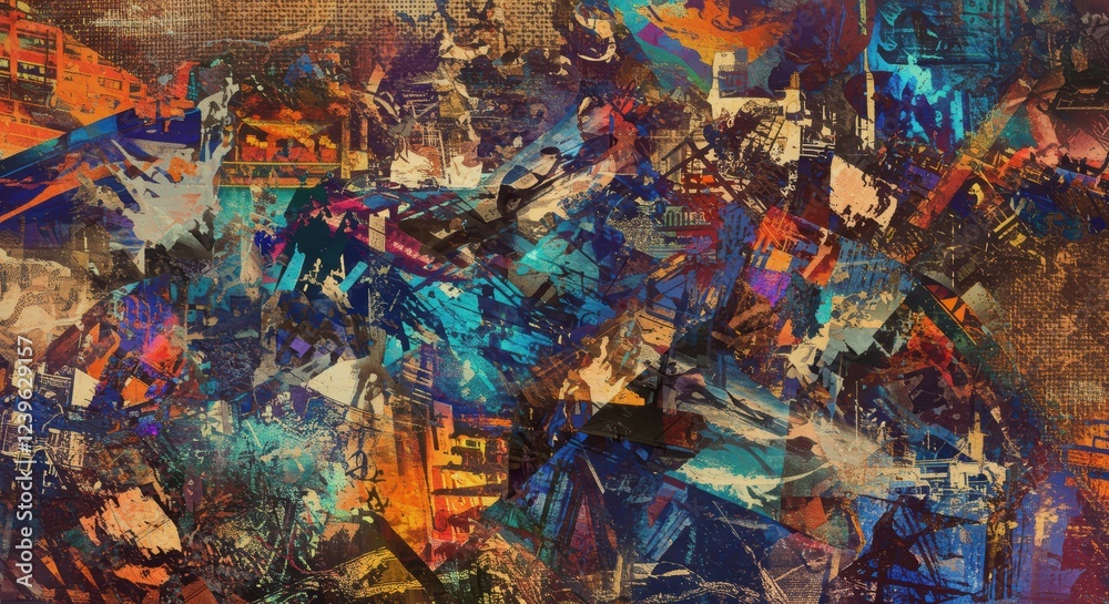 Fototapeta premium Dynamic abstract urban collage with vibrant colors and textures