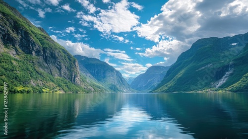 A breathtaking view of a Norwegian fjord, where majestic mountains meet serene waters, showcasing the stunning beauty of Norway natural landscapes.