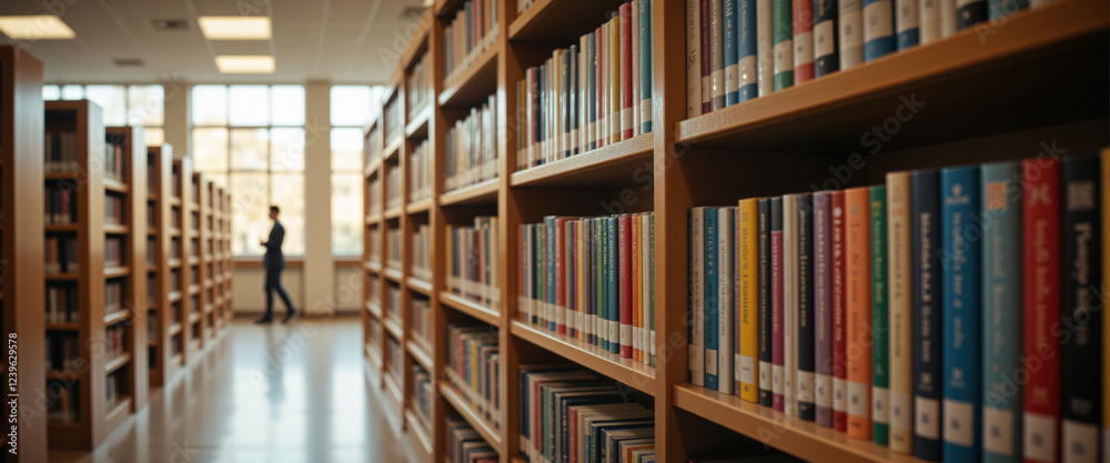 Library shelves lined with colorful books creating a vibrant setting, a solitary figure walking down the aisle evokes a sense of exploration, bright natural light streams in from large windows. Library shelves lined with colorful books creating a vibrant setting, a solitary figure walking down the aisle evokes a sense of exploration, bright natural light streams in from large windows.