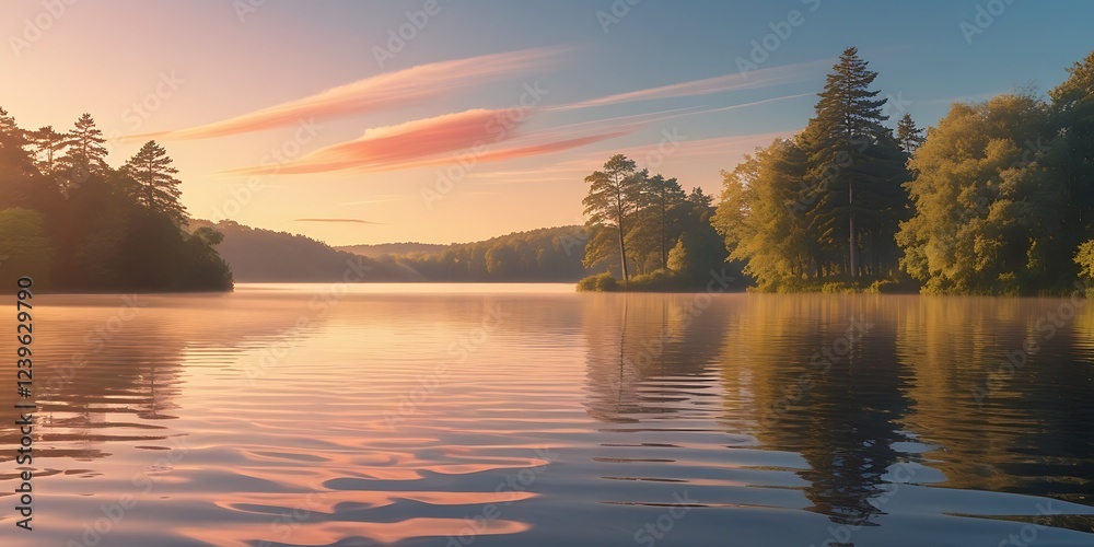 Fototapeta premium Tranquil lake reflecting the soft hues of a picturesque sunset, surrounded by lush greenery and trees, creating a peaceful and serene natural landscape