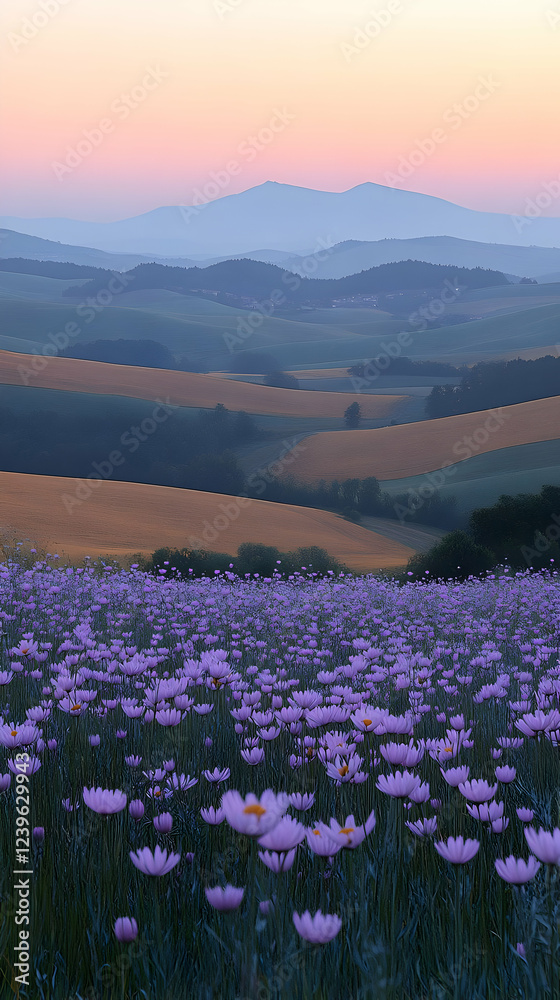 Obraz premium Purple Flower Field at Sunset with Rolling Hills and Distant Mountains