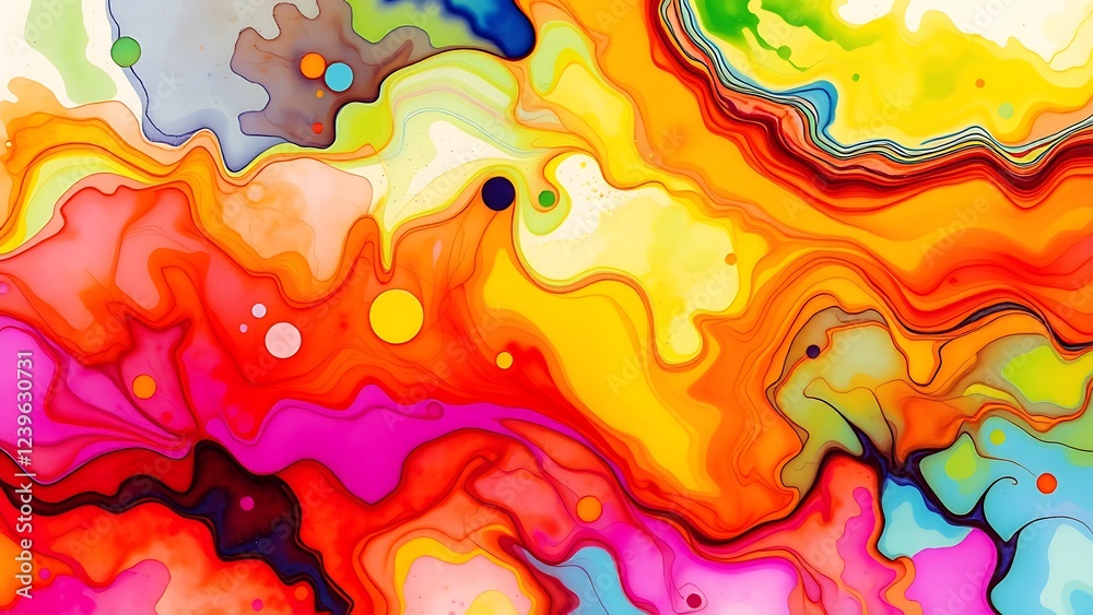 Fototapeta premium Abstract colorful fluid art with vibrant swirling patterns and bold contrasting colors including red yellow orange pink blue green black and white with circular shapes and organic forms