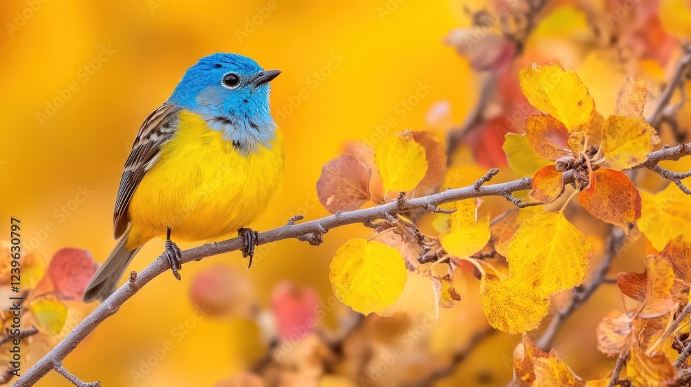 Fototapeta premium Vivid blue and yellow bird perched on autumn branch.