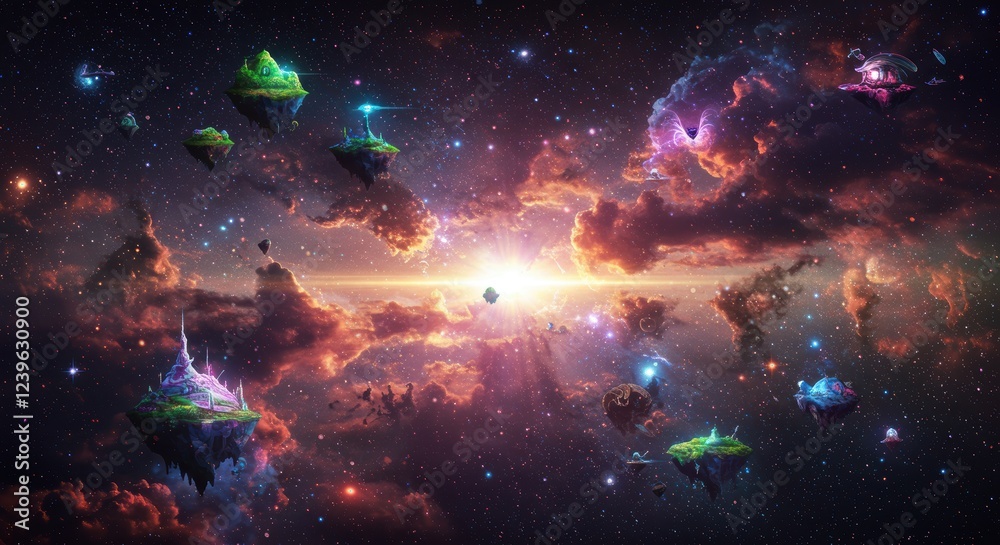 Fototapeta premium Enchanting floating islands in cosmic nebulae at sunset
