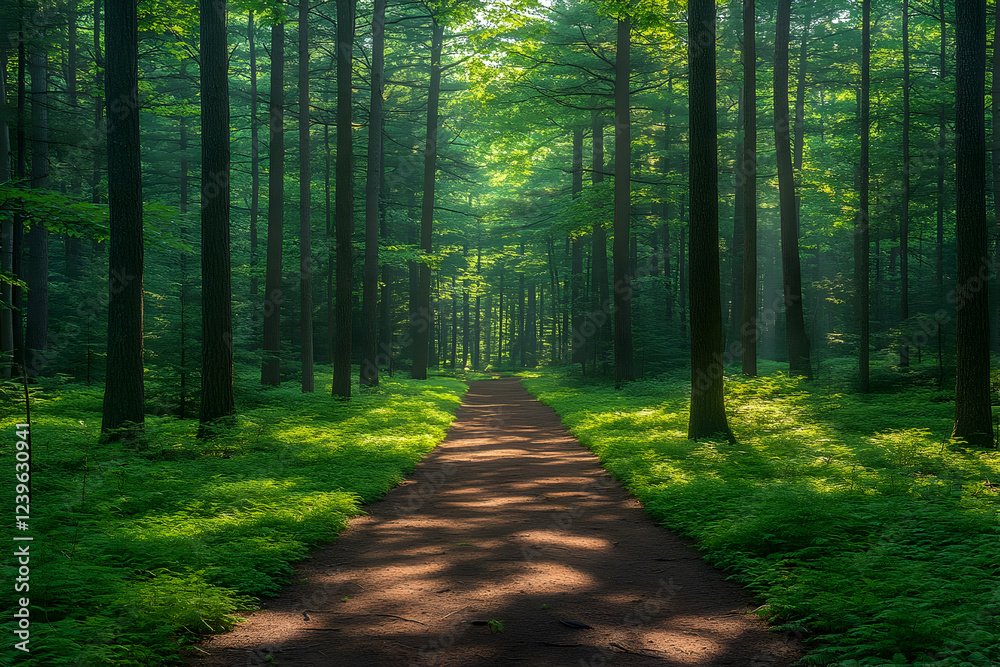 Obraz premium Sunlit Path Through Lush Green Forest