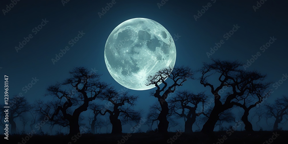 Naklejka premium Mysterious and captivating scene of a glowing full moon rising above dark, silhouetted trees, creating an atmospheric and magical night landscape