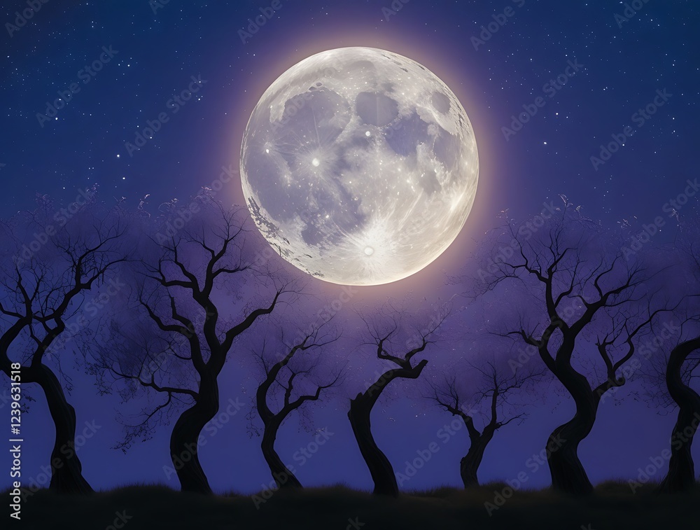 Fototapeta premium Eerie full moon shining over twisted trees, casting long shadows and creating a hauntingly beautiful landscape under the starry night sky