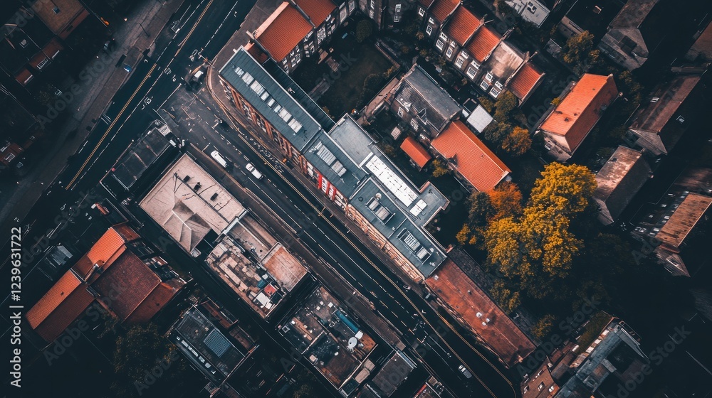 Obraz premium Aerial view of city streets and rooftops.