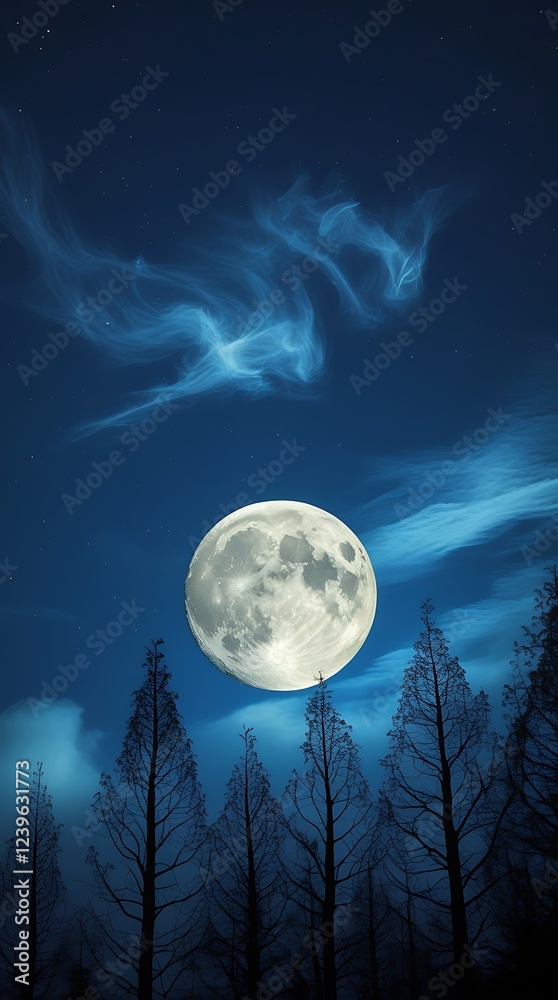 Fototapeta premium Majestic full moon hanging above a dark, barren landscape, surrounded by twisted trees, creating a peaceful yet mysterious nighttime atmosphere