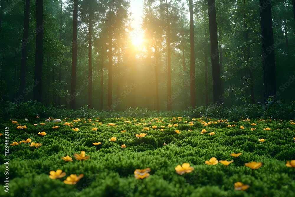 Obraz premium Sunlit Forest Path with Yellow Flowers and Green Moss