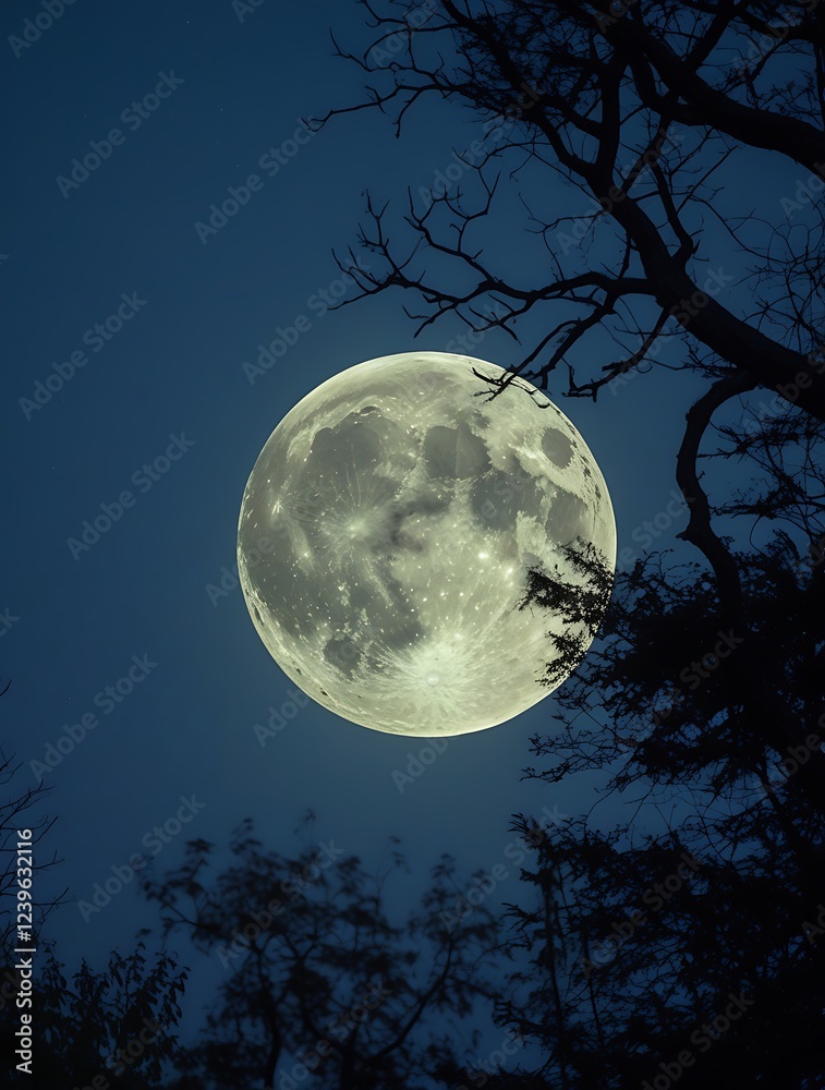 Fototapeta premium Full moon rising over silhouetted trees, casting a soft glow and creating an ethereal, magical nighttime scene filled with serenity and wonder