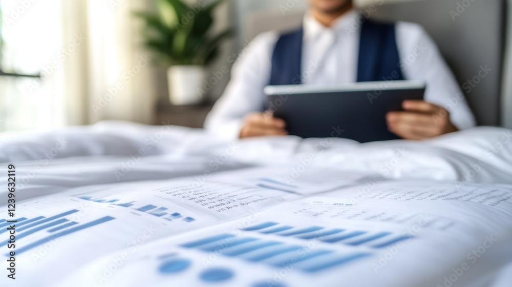 Fototapeta premium Businessman reviewing financial data in bed