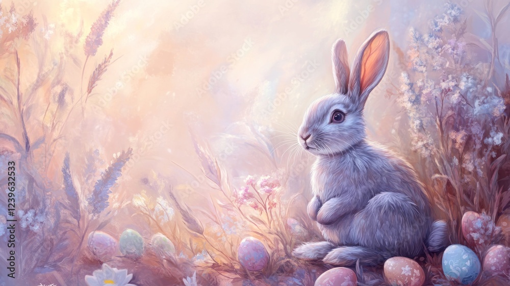 Obraz premium A Gentle Bunny Amidst Spring Flowers and Easter Eggs