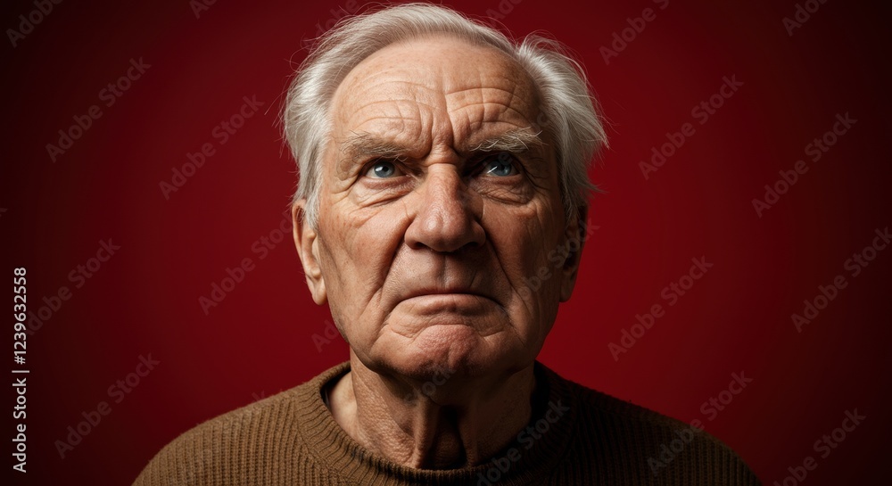 Obraz premium Elderly man with pensive expression against dramatic red background