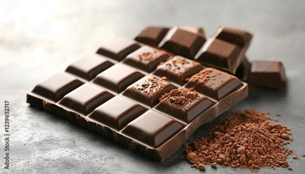 Delicious milk chocolate and cocoa powder on grey table, closeup Delicious milk chocolate and cocoa powder on grey table, closeup