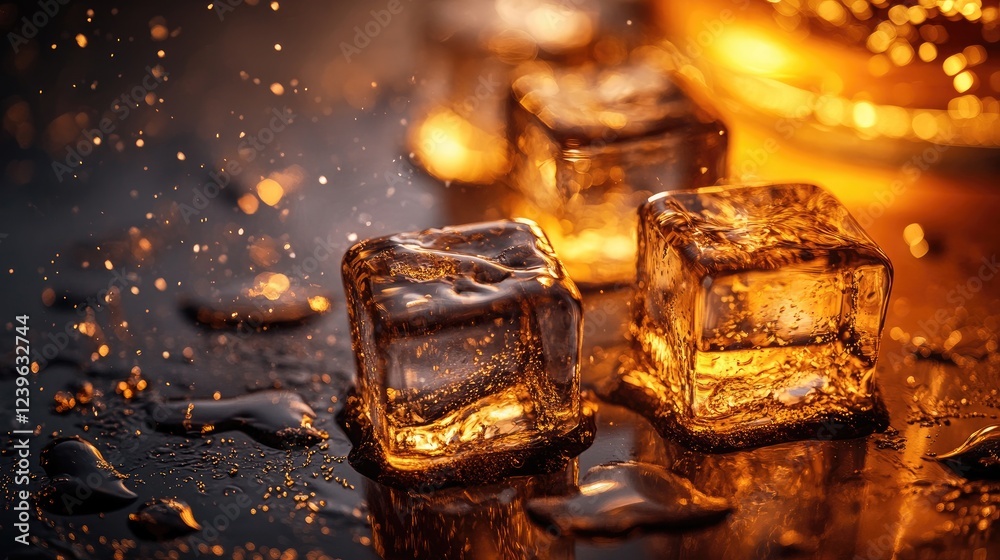 A close-up of melting ice cubes on a sleek, dark surface, with golden whiskey and water droplets catching the light, creating a sophisticated, dramatic scene. A close-up of melting ice cubes on a sleek, dark surface, with golden whiskey and water droplets catching the light, creating a sophisticated, dramatic scene.