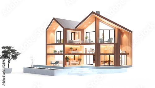 Modern home cross section, 3d rendering , with white tonespng photo