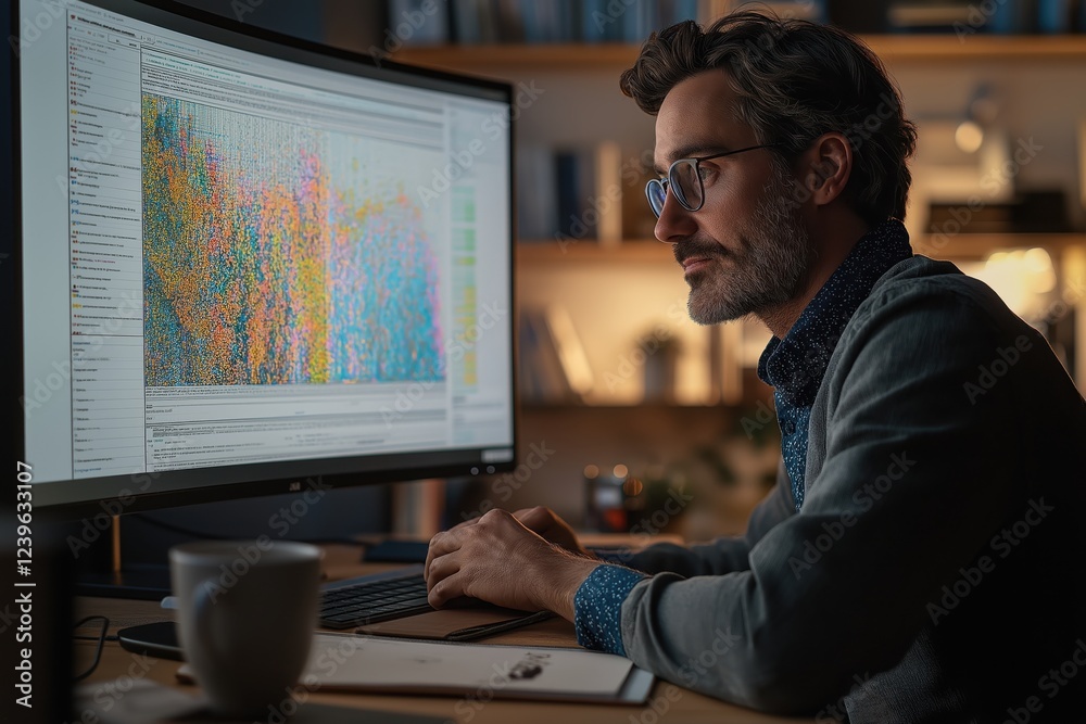 Data scientist analyzing complex data trends and patterns on a modern computer screen Data scientist analyzing complex data trends and patterns on a modern computer screen