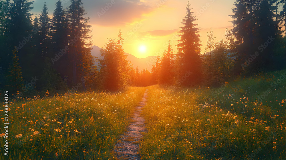 Obraz premium Sunset Path Through a Mountain Forest Field