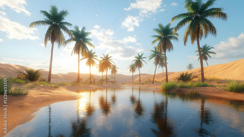 Obraz premium Serene Desert Oasis Sunset with Palm Trees and Reflective Water