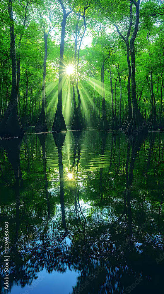 Sunlit Swamp: Green Trees Reflecting in Dark Blue Water Sunlit Swamp: Green Trees Reflecting in Dark Blue Water