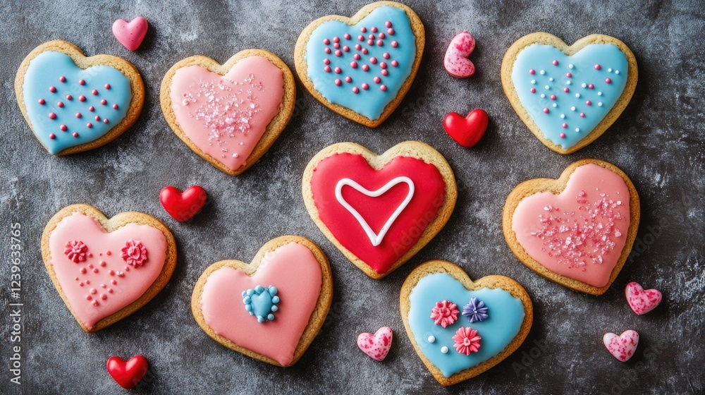 Fototapeta premium A collection of heart-shaped Valentine cookies, topped with vibrant icing and surrounded by small decorative elements for a festive mood.
