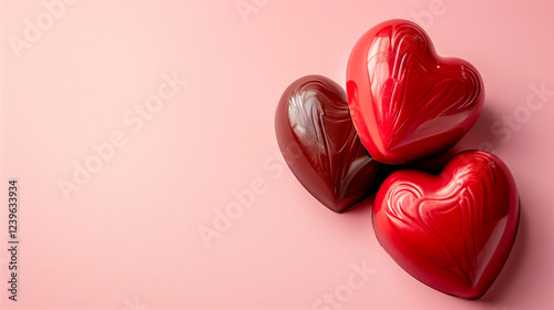 Red and Dark Chocolate Hearts on Pink: Valentine’s Day Sweets. Gourmet chocolate heart candy on a soft pink background, perfect for romantic designs. Blank area for text.