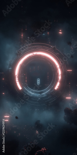 Futuristic neon ring portal floating in a dark stormy sky with glowing red accents. Sci-fi landscape with mysterious circular gateway amid dramatic clouds.