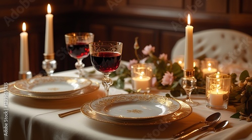 Elegant romantic dinner setup featuring wine glasses, a candelabra, and soft candlelight, creating a warm and intimate atmosphere for a special evening

