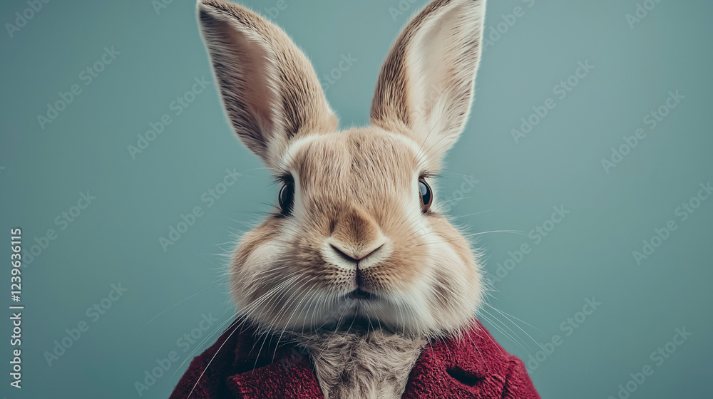 Fototapeta premium Distinguished rabbit solemnly posing in refined red jacket against elegant teal background