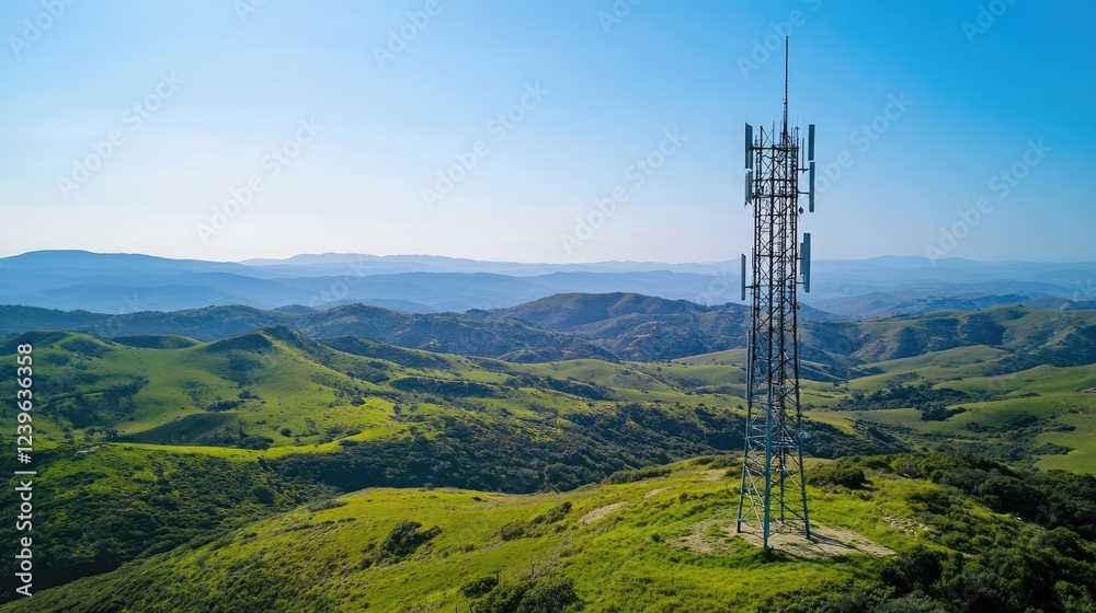 A cutting-edge telecom tower in the heart of a green valley, with a clear blue sky overhead, demonstrating how technology thrives in natural environments. A cutting-edge telecom tower in the heart of a green valley, with a clear blue sky overhead, demonstrating how technology thrives in natural environments.